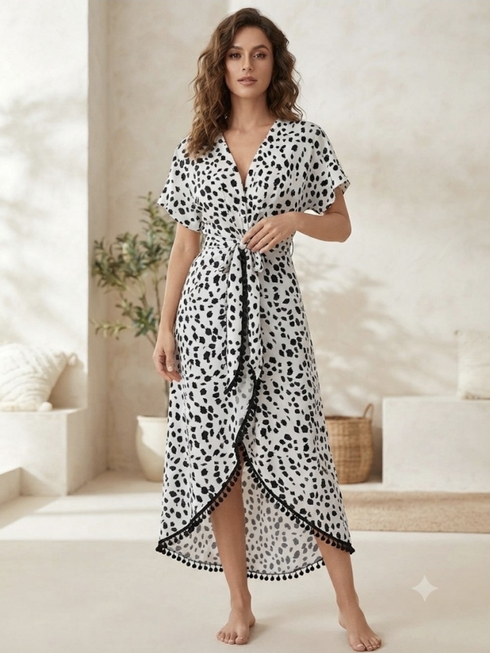 Black and White Spot Tie-Front Maxi Dress American & Beyond Size Large